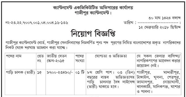 Gazipur Cantonment Job Circular 2022